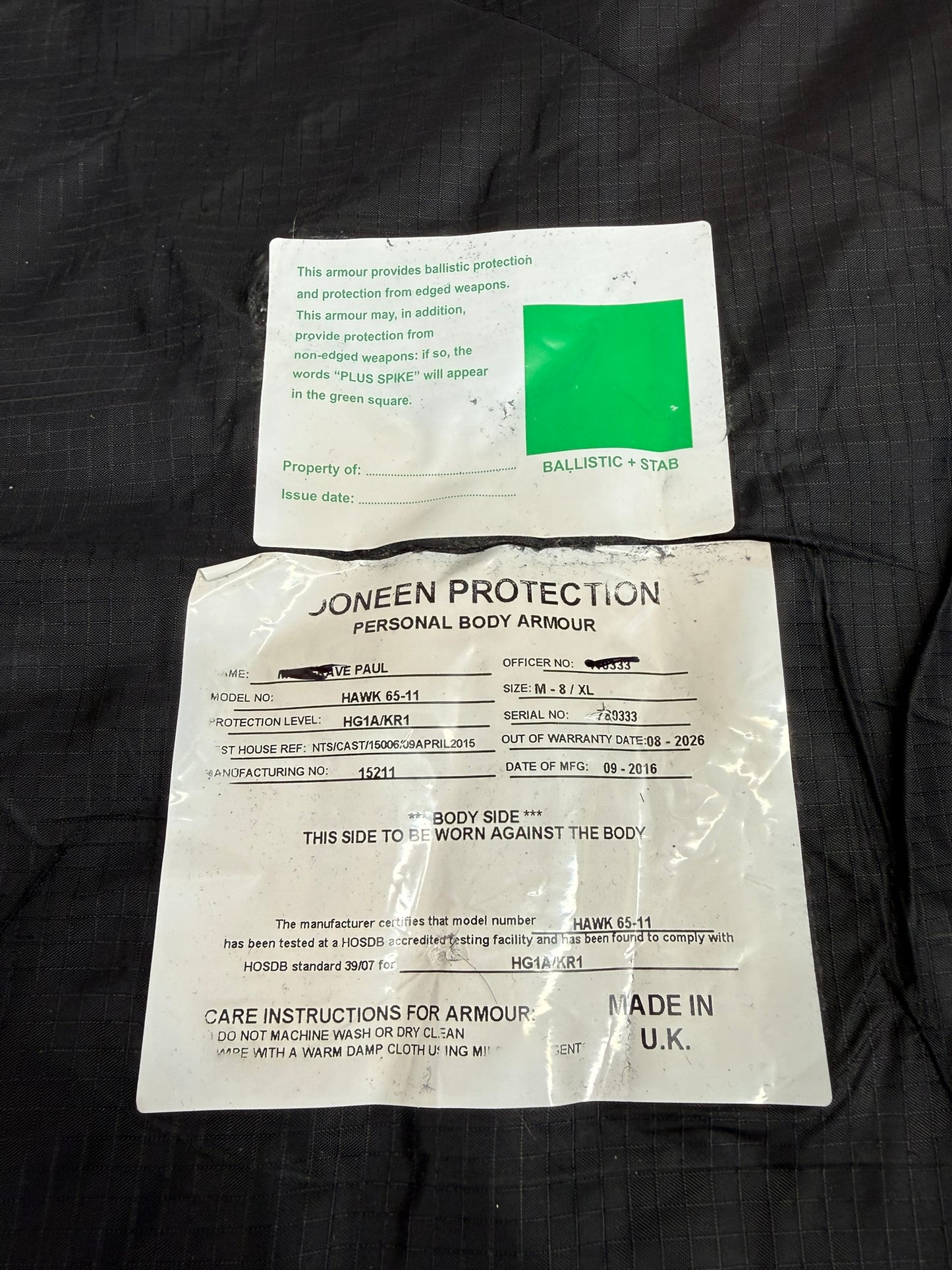 Ex Police Black Cooneen Body Armour Vest XXL Anti Stab & Ballistic HG1A & KR1 Security