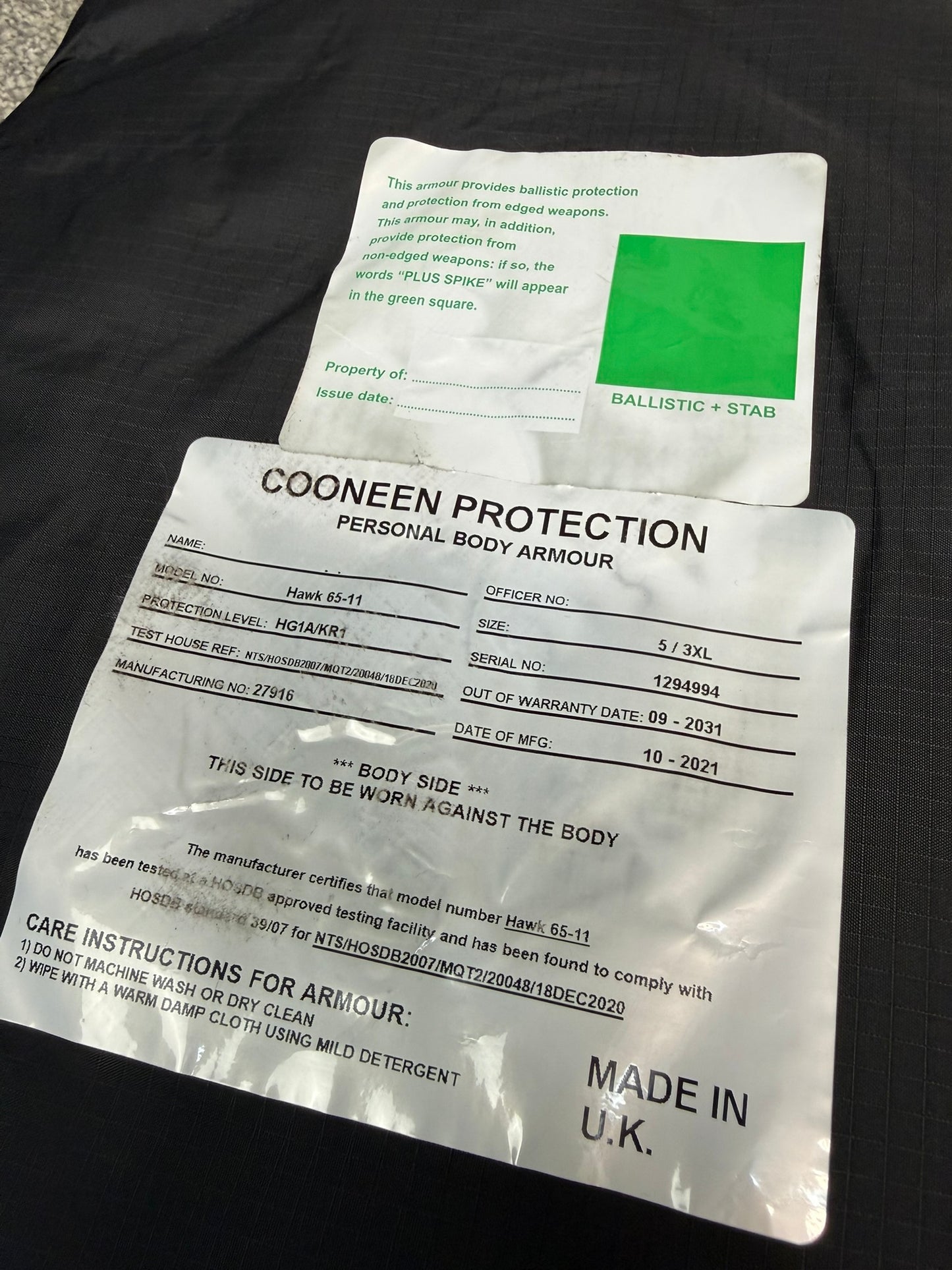 Ex Police Cooneen Body Armour Stab Vest X LARGE Anti Stab & Ballistic HG1A & KR1 + Bag VGC
