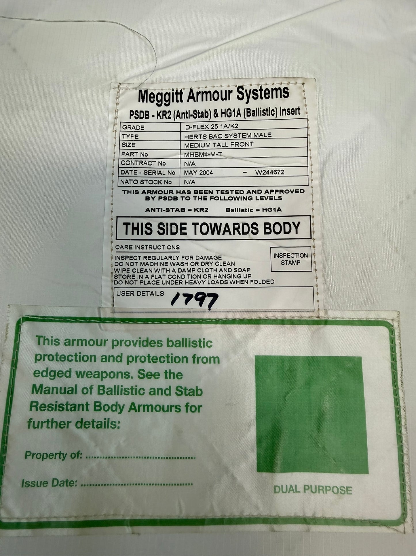 Ex Police Meggitt Covert Body Armour Stab Vest MEDIUM Anti Stab & Ballistic HG1A & KR2