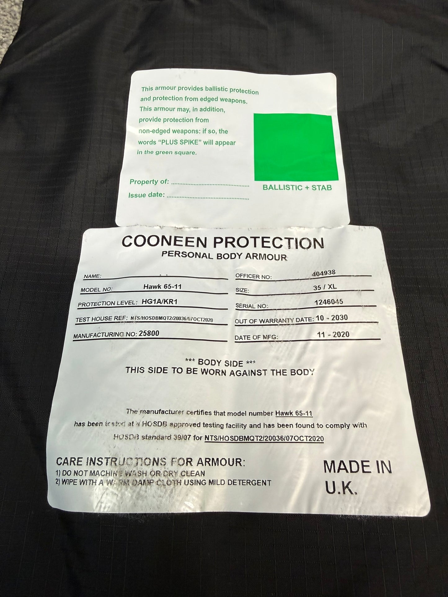 Ex Police Cooneen Body Armour Stab Vest + Bag SMALL Anti Stab & Ballistic HG1A & KR1