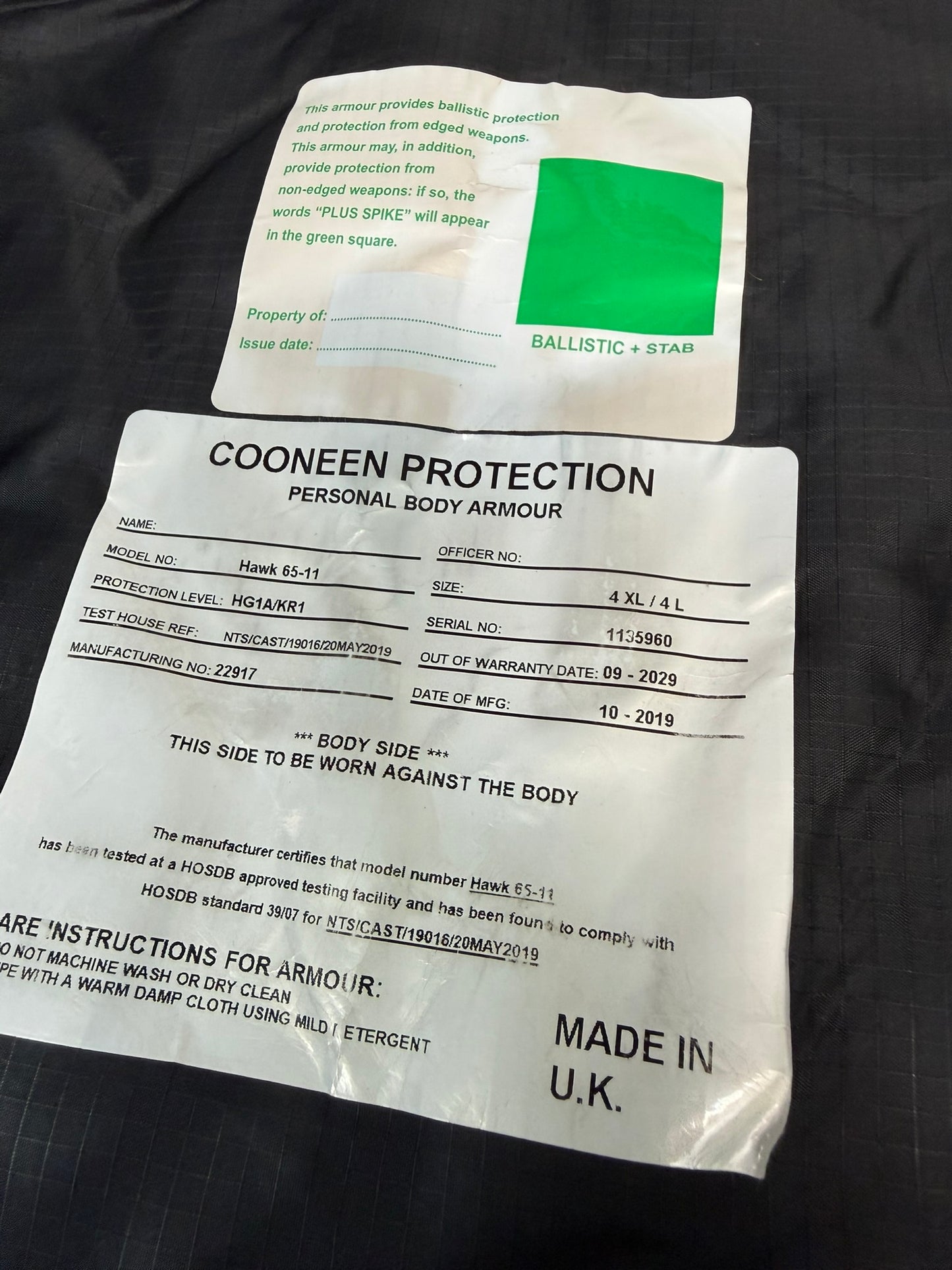 Ex Police Cooneen Body Armour Stab Vest + Bag LARGE Anti Stab & Ballistic HG1A & KR1