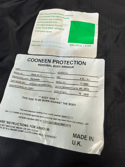 Ex Police Cooneen Body Armour Stab Vest + Bag LARGE Anti Stab & Ballistic HG1A & KR1