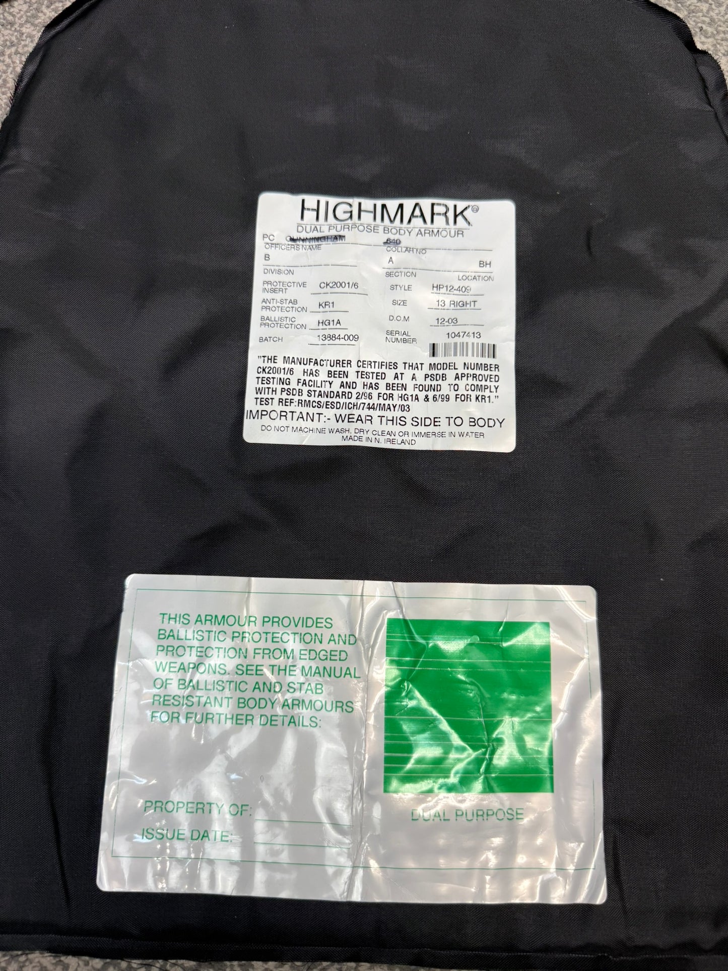 Ex Police Highmark Body Armour Stab Vest XL Anti Stab & Ballistic HG1A & KR1 Security