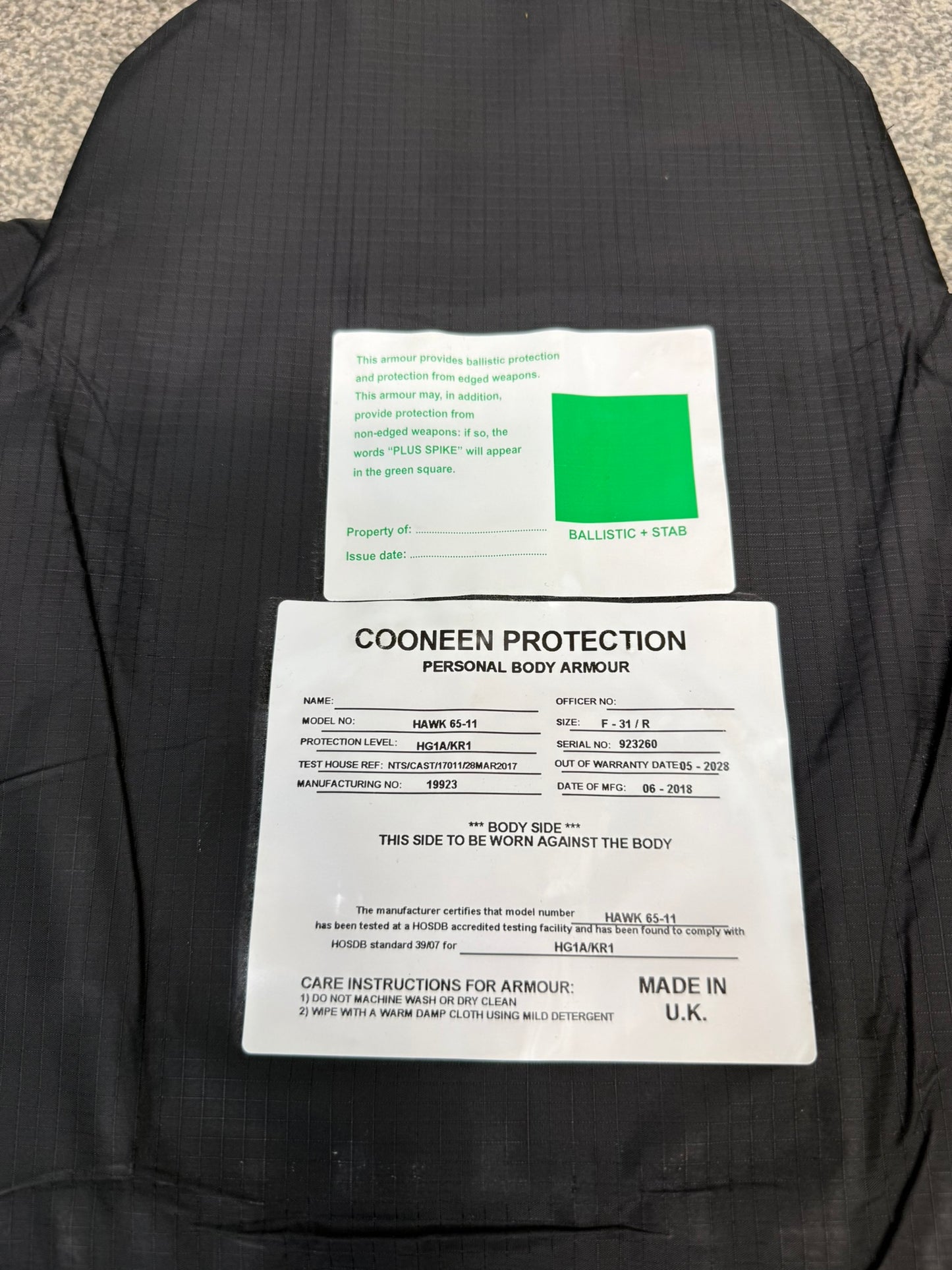 Ex Police Cooneen Body Armour Stab Vest + Bag X SMALL Anti Stab & Ballistic HG1A & KR1