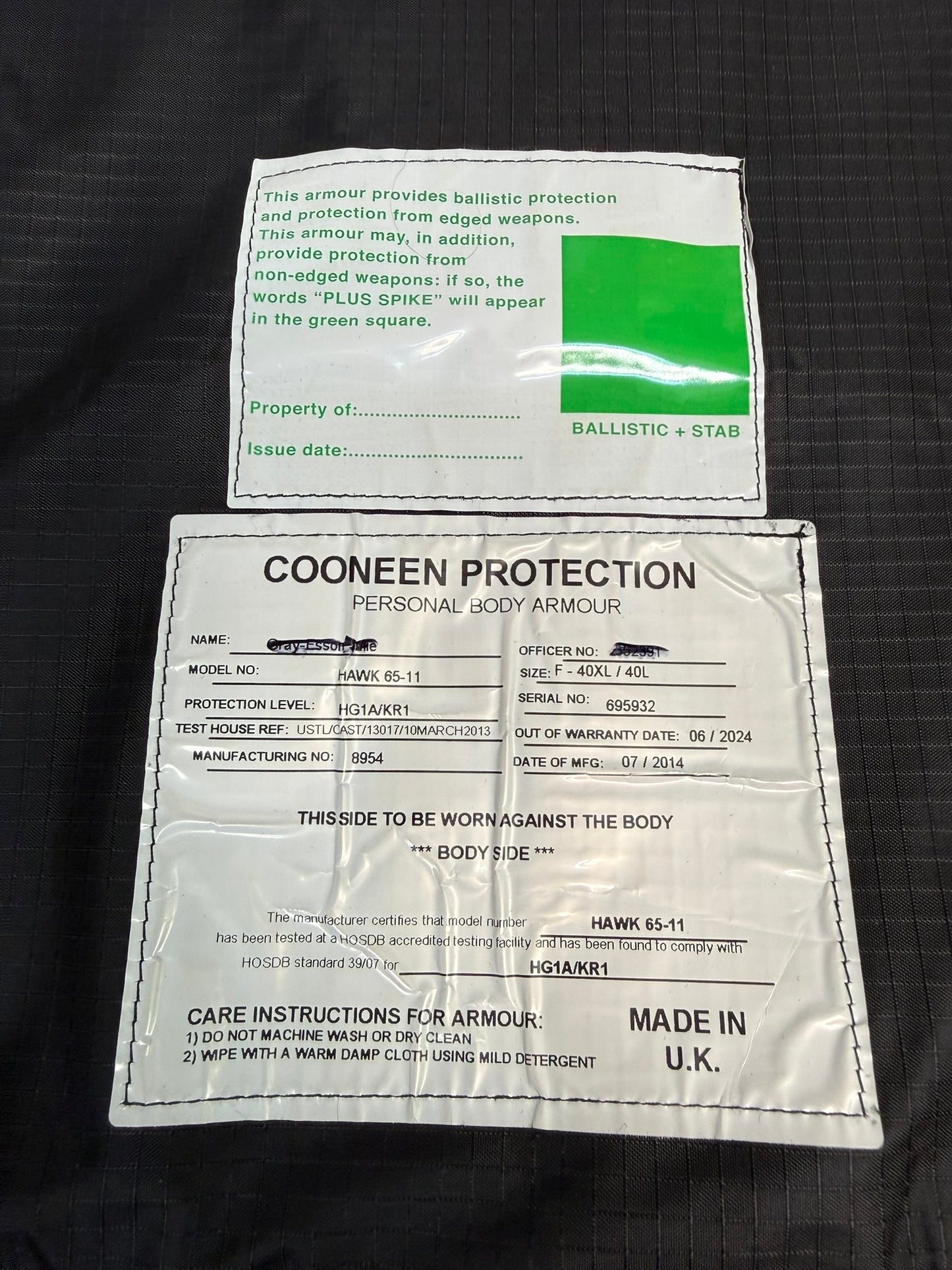Ex Police Cooneen Body Armour Stab Vest X LARGE Anti Stab & Ballistic HG1A & KR1