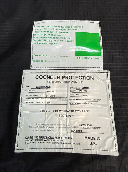 Ex Police Cooneen Body Armour Stab Vest X LARGE Anti Stab & Ballistic HG1A & KR1