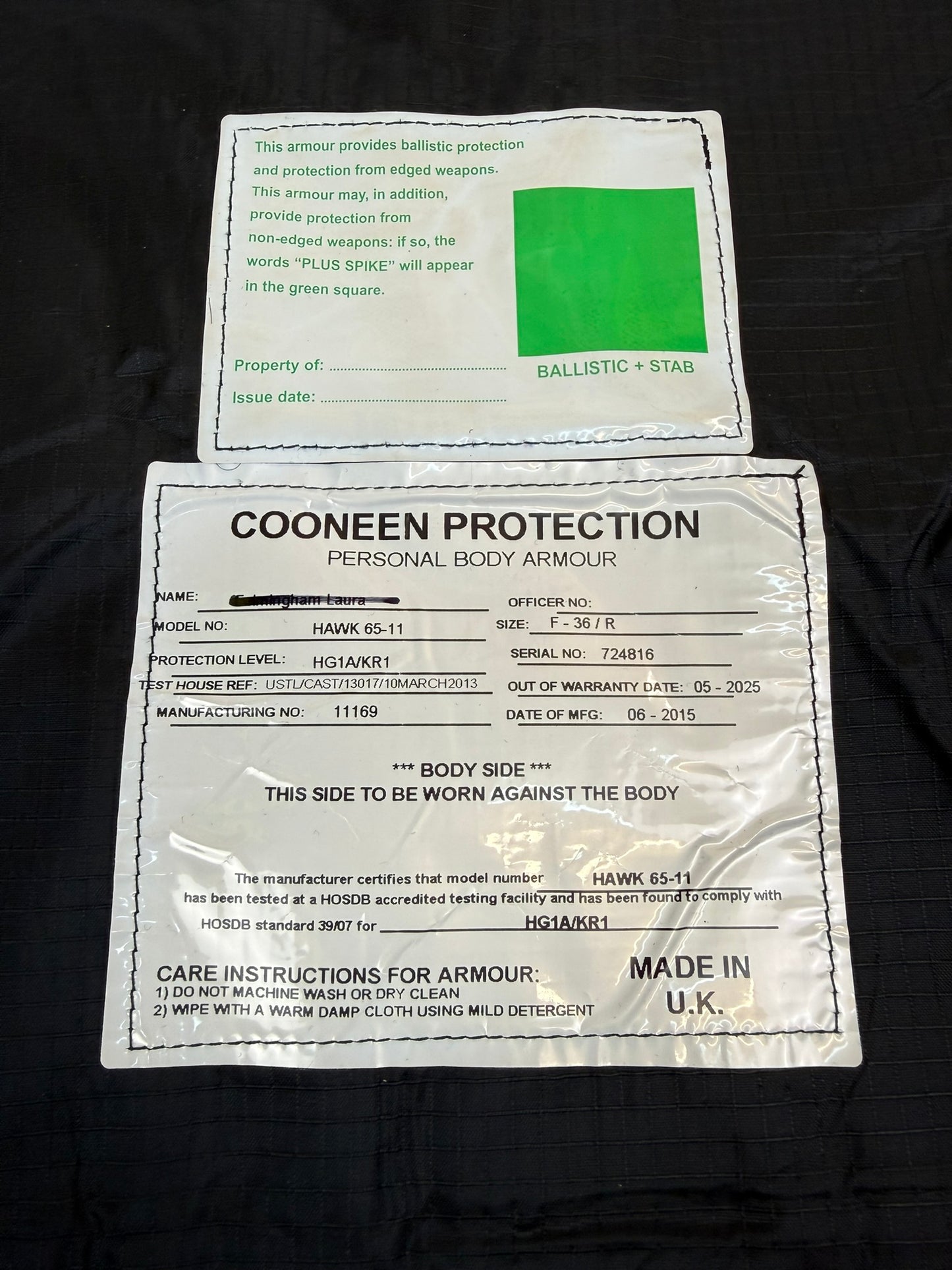 Ex Police Cooneen Body Armour Female Vest Anti Stab & Ballistic HG1A & KR1 - Small