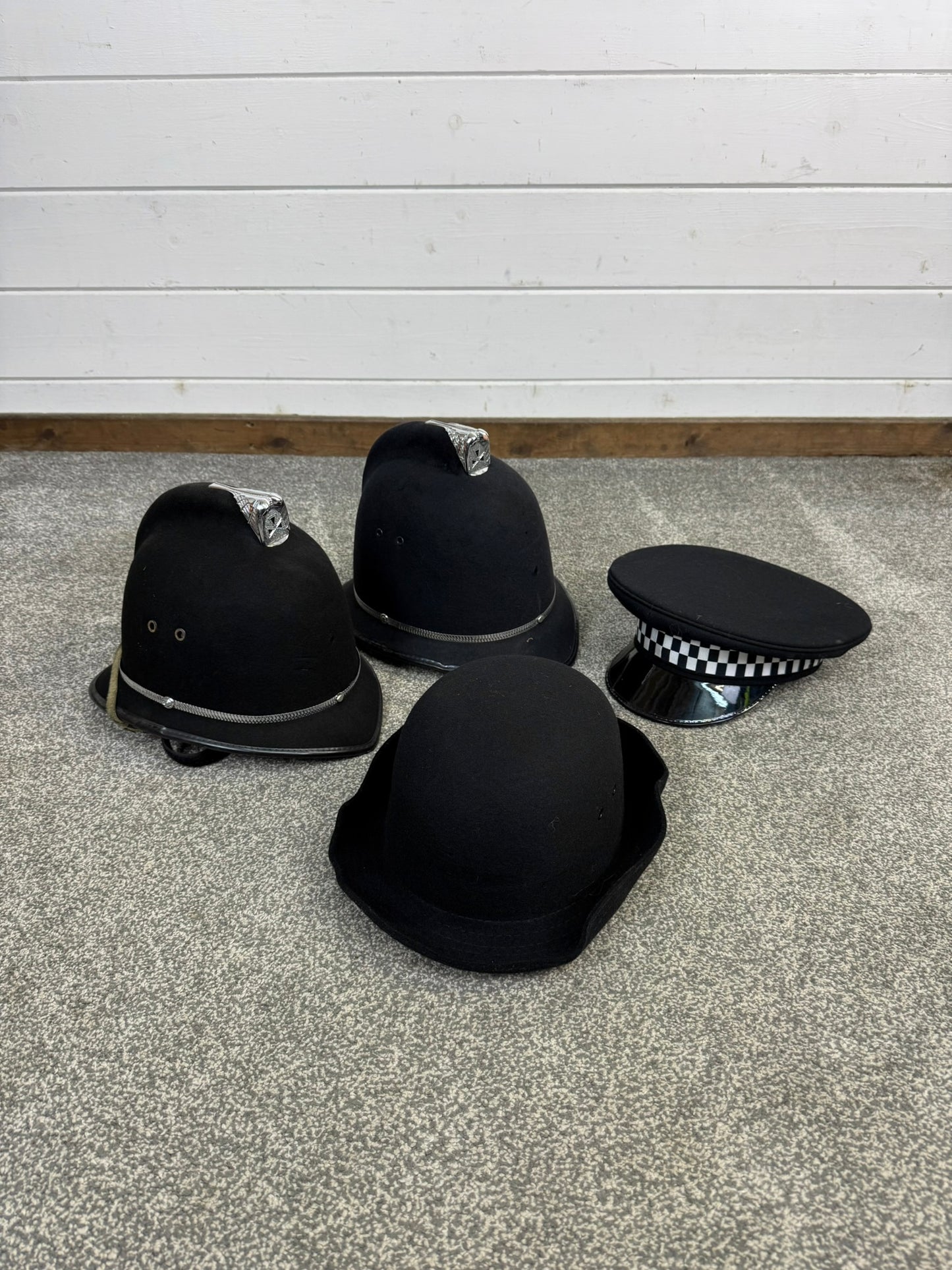 JOB LOT Ex Police Cap Bowler Hat Bobby Helmet Theatre Headwear Uniform Film