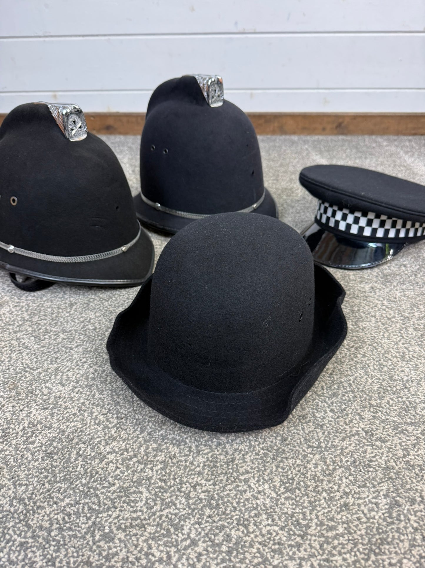 JOB LOT Ex Police Cap Bowler Hat Bobby Helmet Theatre Headwear Uniform Film