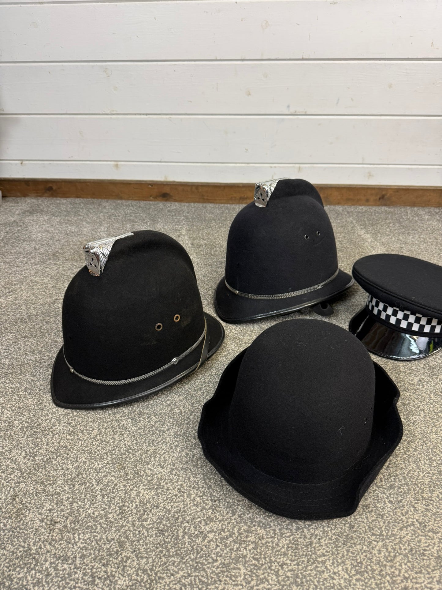 JOB LOT Ex Police Cap Bowler Hat Bobby Helmet Theatre Headwear Uniform Film
