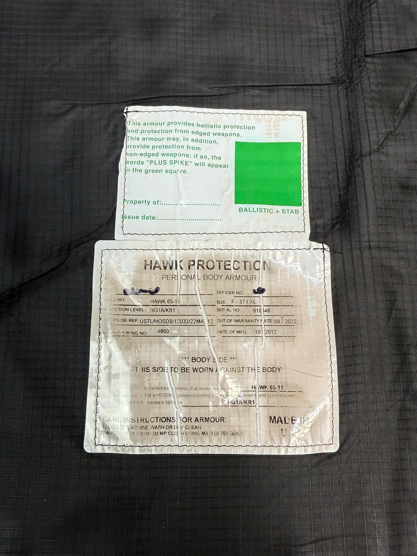 Ex Police Cooneen Body Armour Stab Vest LARGE Anti Stab & Ballistic HG1A & KR1