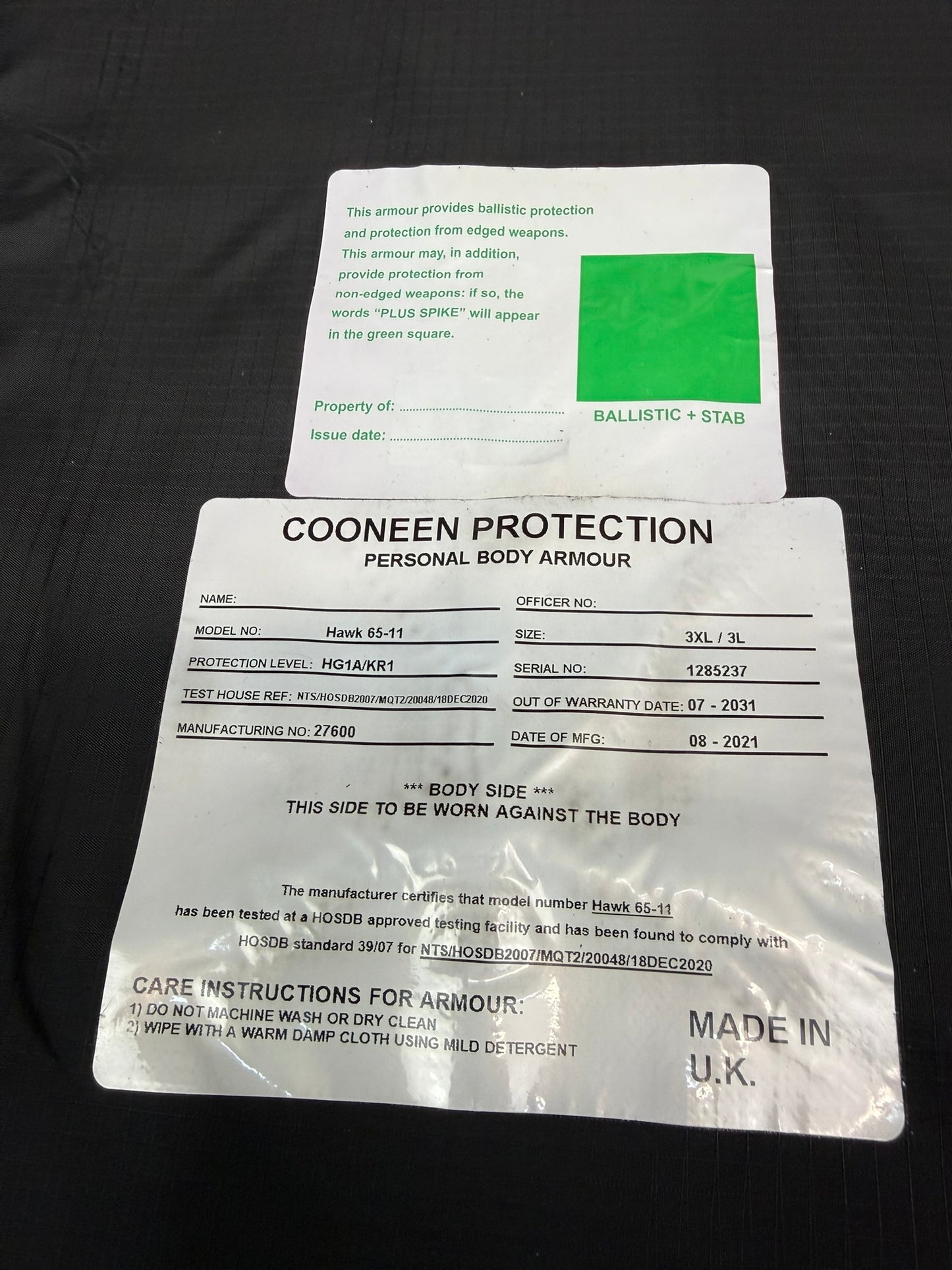Ex Police Cooneen Body Armour Stab Vest MEDIUM Anti Stab & Ballistic HG1A & KR1 + Bag VGC