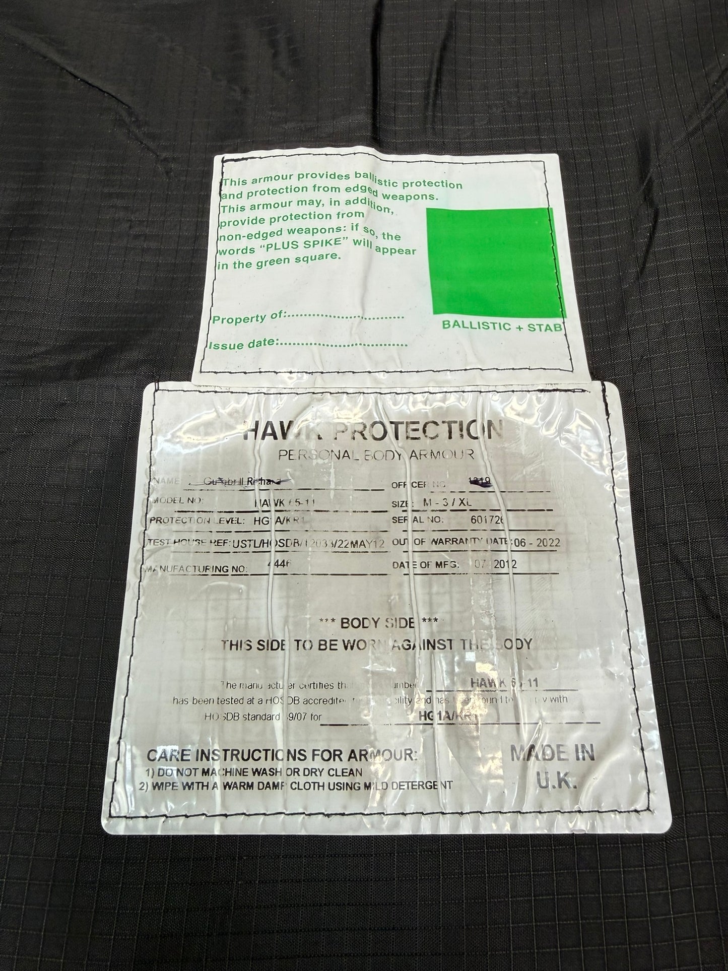 Ex Police Hawk Body Armour Stab Vest MEDIUM Anti Stab & Ballistic HG1A & KR1