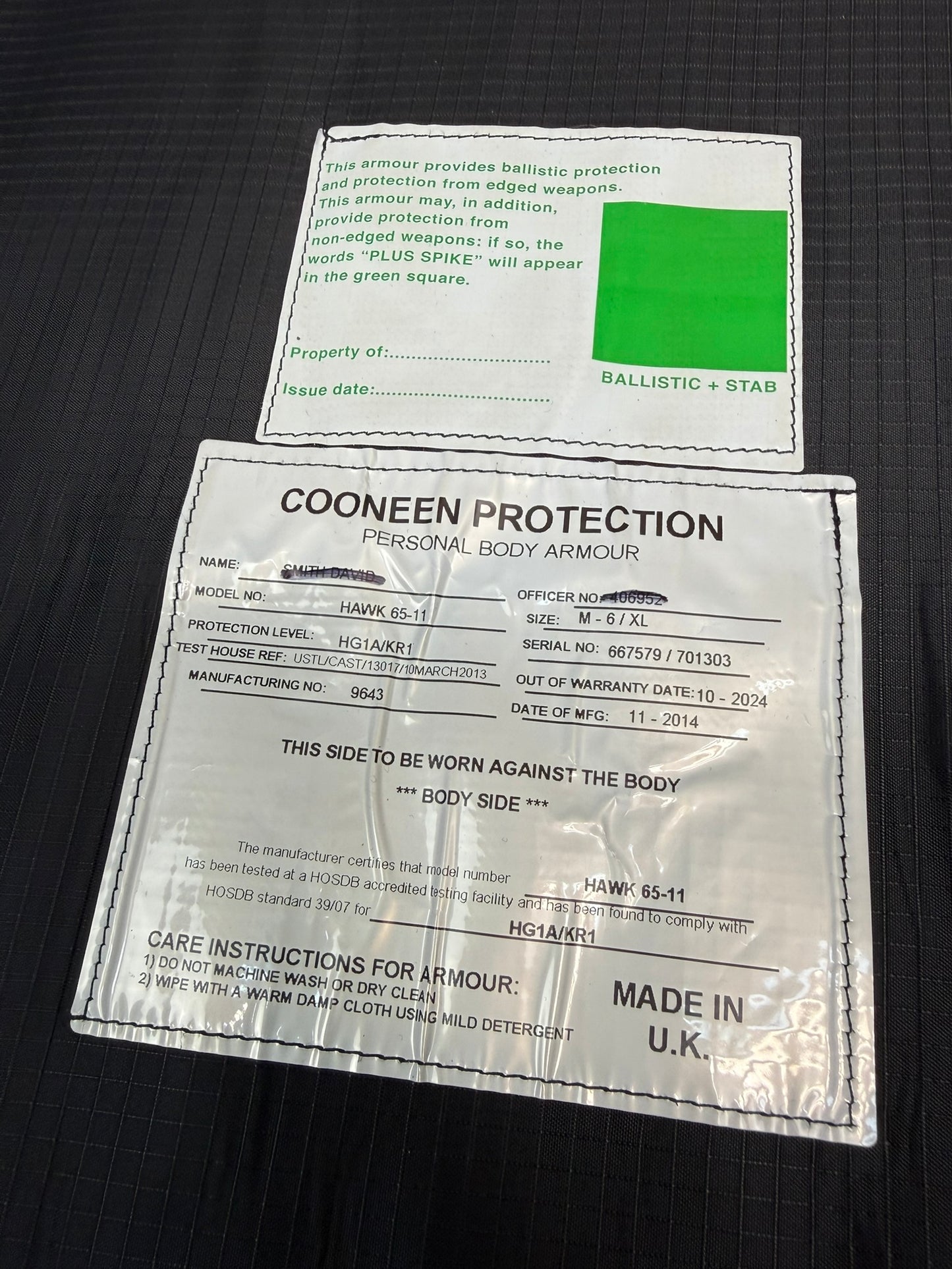 Ex Police Cooneen Body Armour Stab Vest + Bag X LARGE Anti Stab & Ballistic HG1A & KR1 - VGC