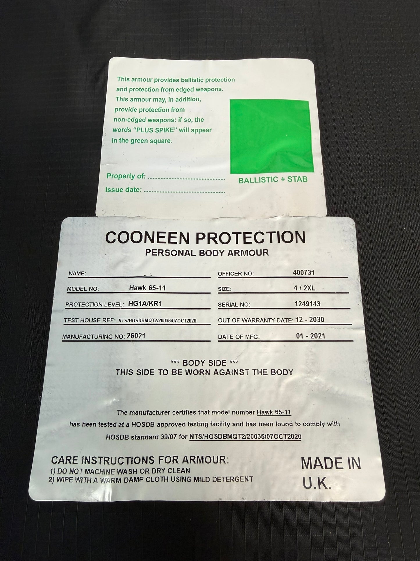 Ex Police Cooneen Body Armour Stab Vest LARGE Anti Stab & Ballistic HG1A & KR1 + Bag VGC