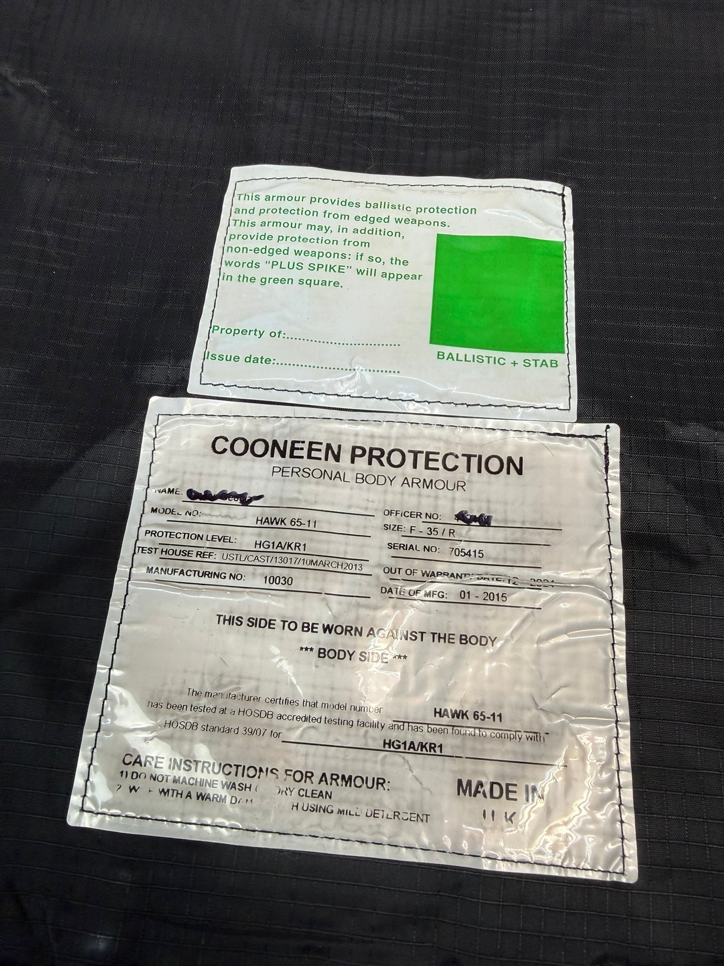 Ex Police Cooneen Body Armour Stab SMALL Vest Anti Stab & Ballistic HG1A & KR1 Security