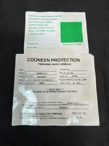 Ex Police Cooneen Body Armour Stab SMALL Vest Anti Stab & Ballistic HG1A & KR1 Security