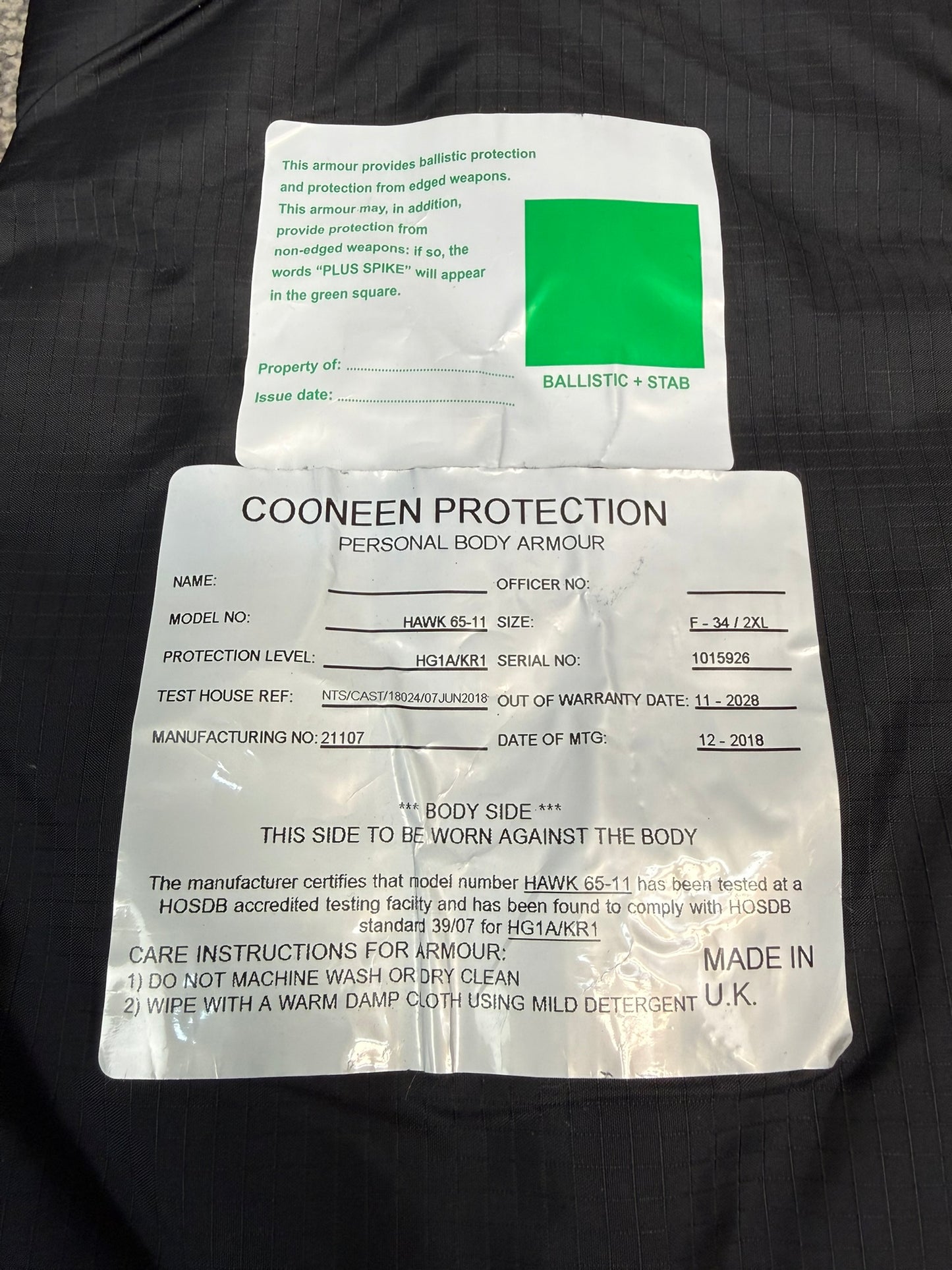 Ex Police Cooneen Body Armour Stab SMALL Vest Anti Stab & Ballistic HG1A & KR1 Security