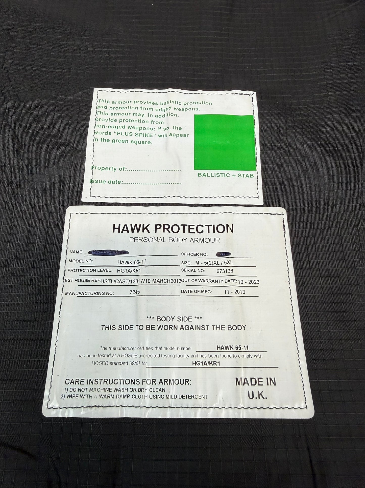 Ex Police Hawk Body Armour Stab Vest X LARGE Anti Stab & Ballistic HG1A & KR1 - VGC