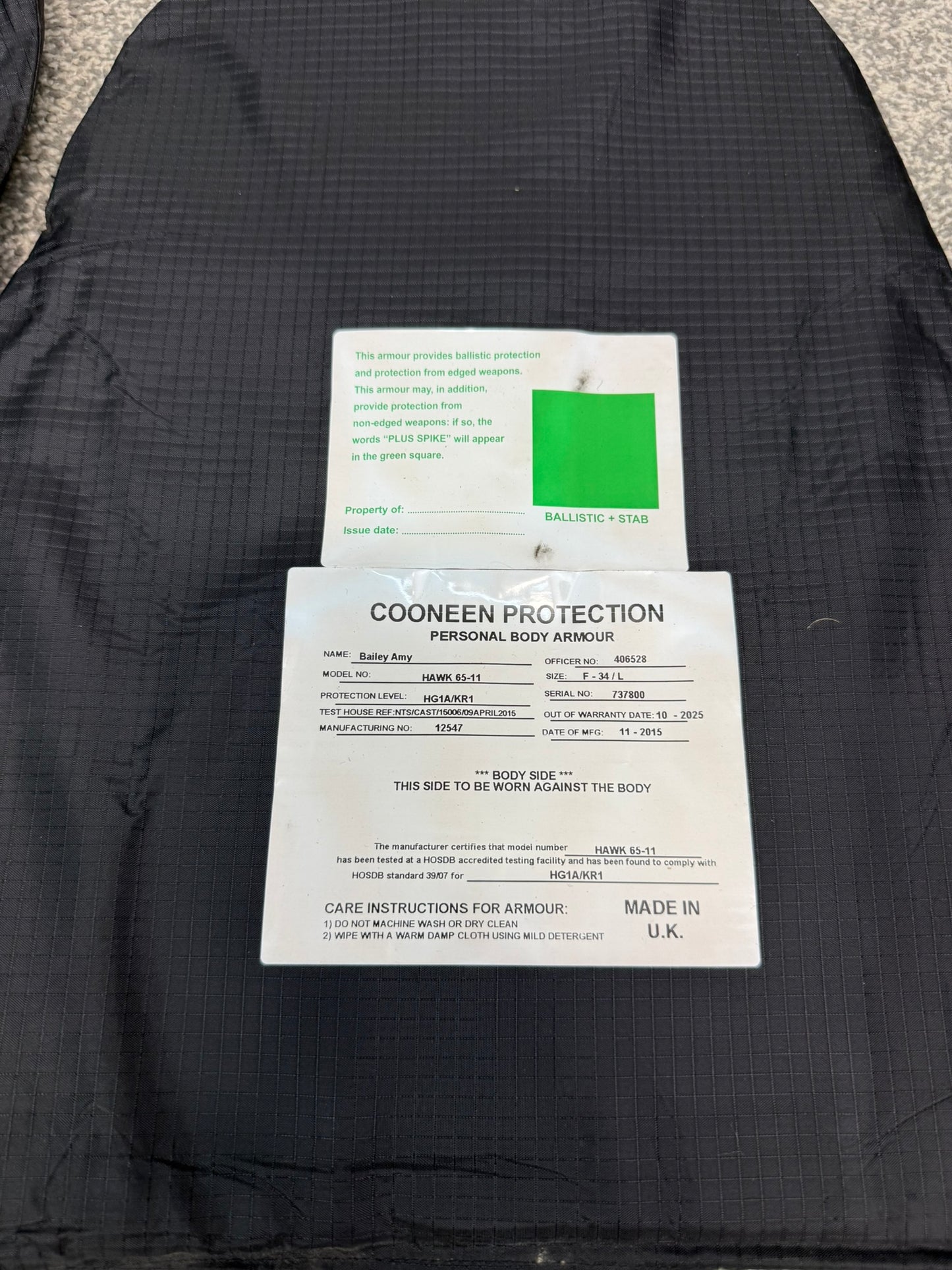 Ex Police Cooneen Body Armour Stab Vest SMALL Anti Stab & Ballistic HG1A & KR1 Security