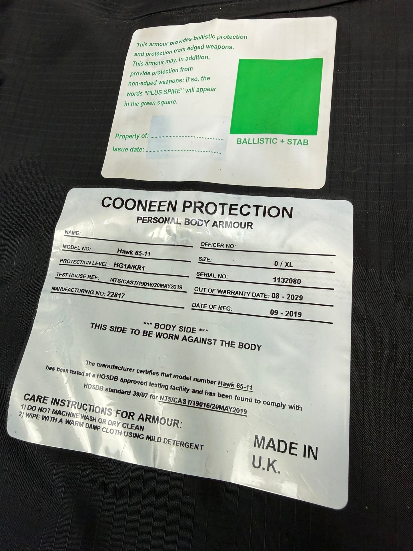 Ex Police Cooneen Body Armour Stab Vest SMALL Anti Stab & Ballistic HG1A & KR1 Security