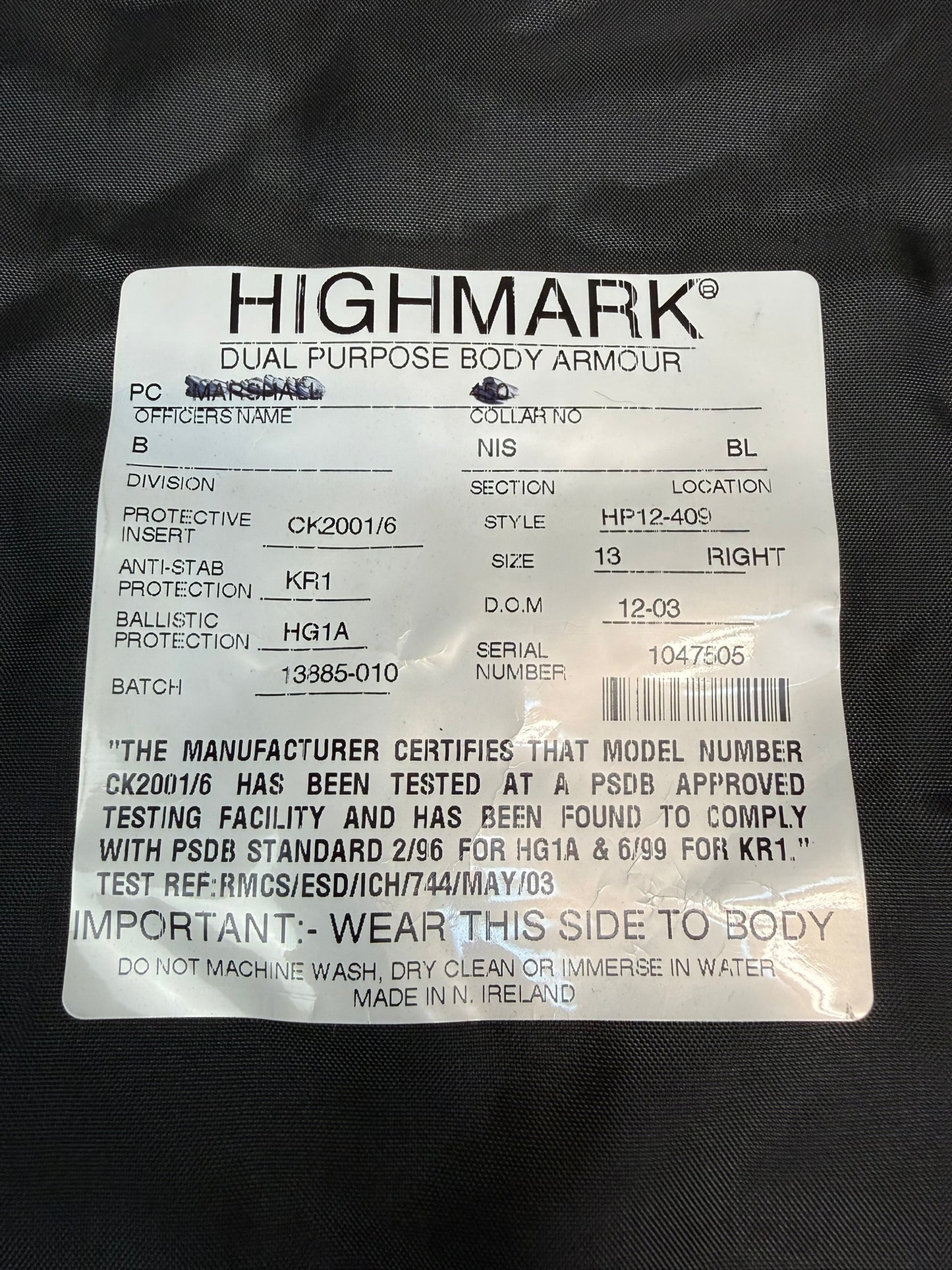 Ex Police Highmark Body Armour Stab Vest X LARGE Anti Stab & Ballistic HG1A / KR1 Security