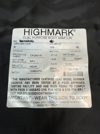 Ex Police Highmark Body Armour Stab Vest X LARGE Anti Stab & Ballistic HG1A / KR1 Security