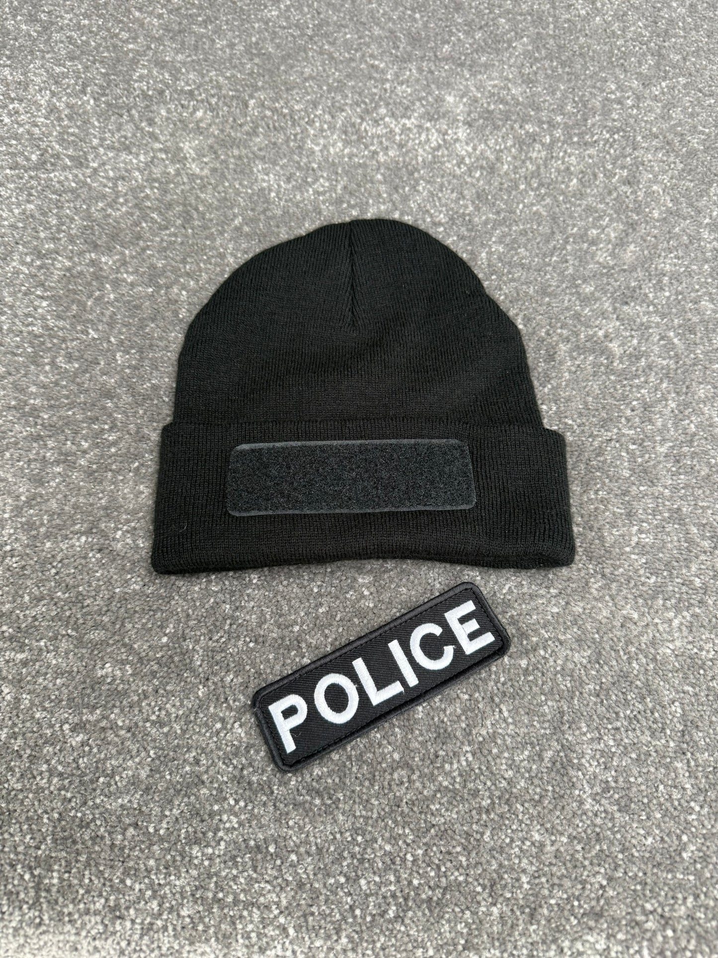 Ex Police Black Beanie Hat Hook & Loop Badged