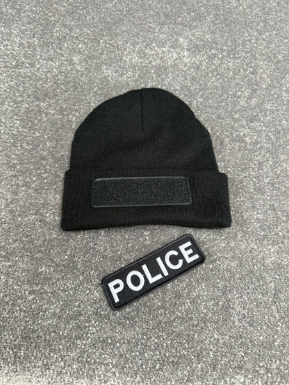 Ex Police Black Beanie Hat Hook & Loop Badged