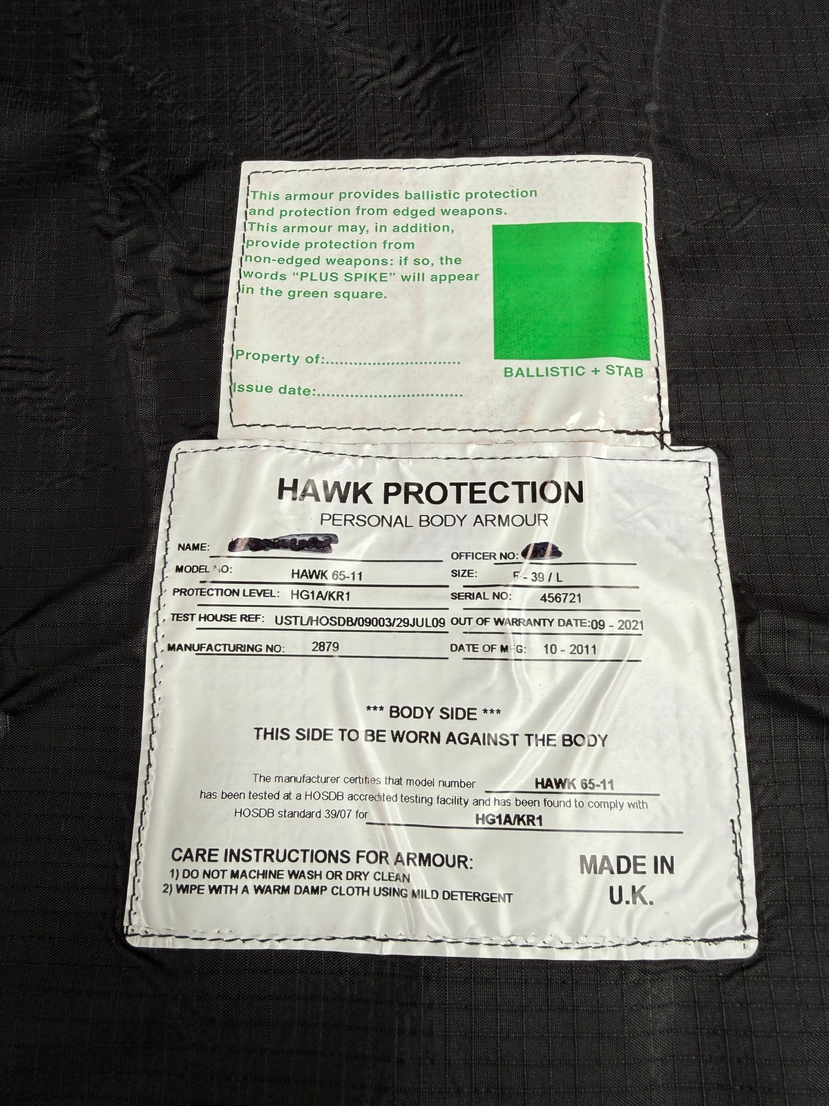 Ex Police Hawk Body Armour Stab Vest LARGE Anti Stab & Ballistic HG1A & KR1