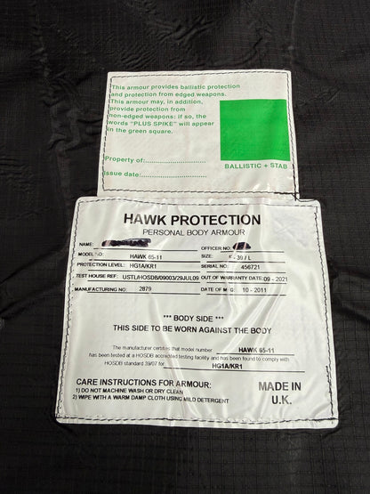 Ex Police Hawk Body Armour Stab Vest LARGE Anti Stab & Ballistic HG1A & KR1