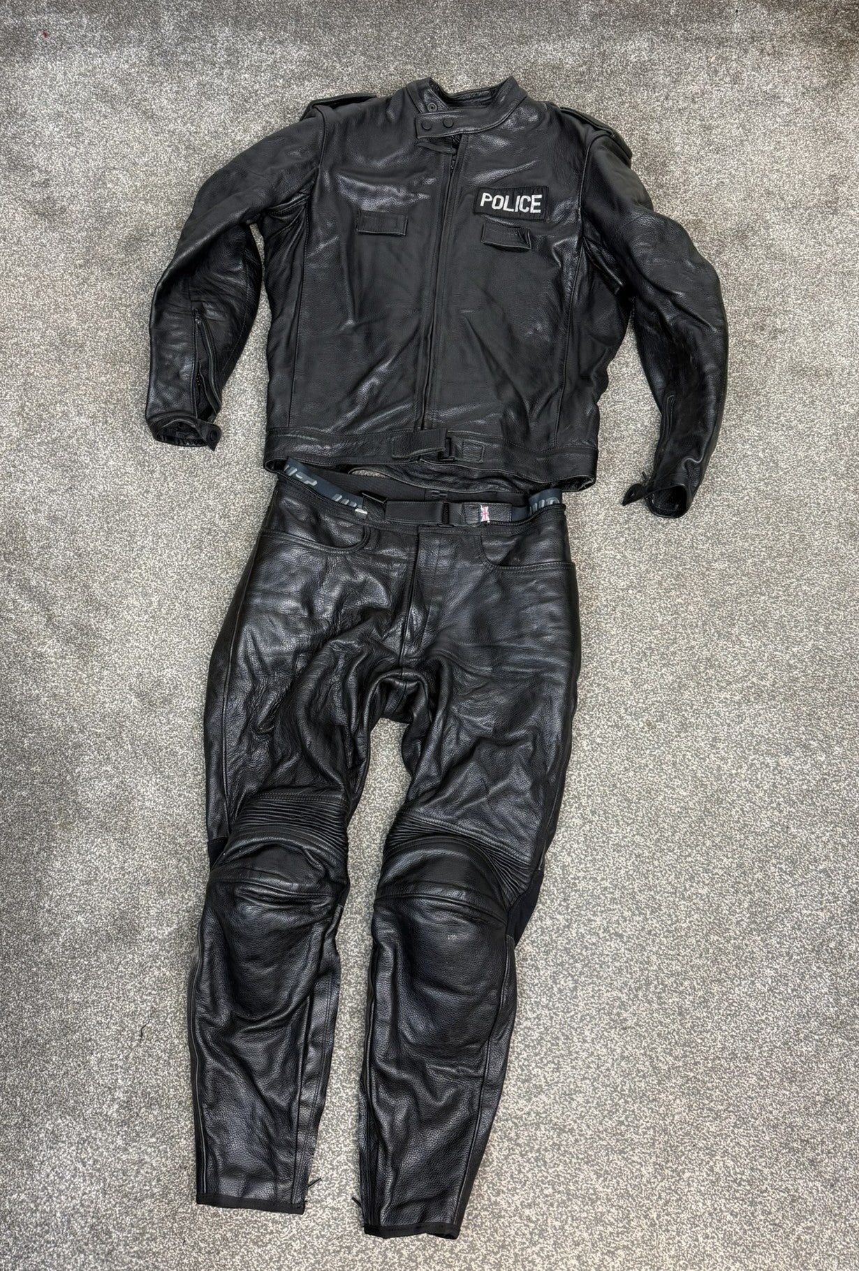 Ex Police Hideout Motorcycle Leathers 2 Piece Jacket & Trousers BADGED Collector TV Film Display