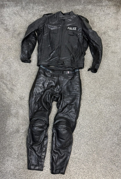 Ex Police Hideout Motorcycle Leathers 2 Piece Jacket & Trousers BADGED Collector TV Film Display