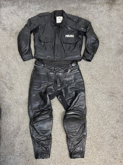 Ex Police BKS Motorbike Leathers 2 Piece Jacket & Trousers BADGED Collector TV Film Display