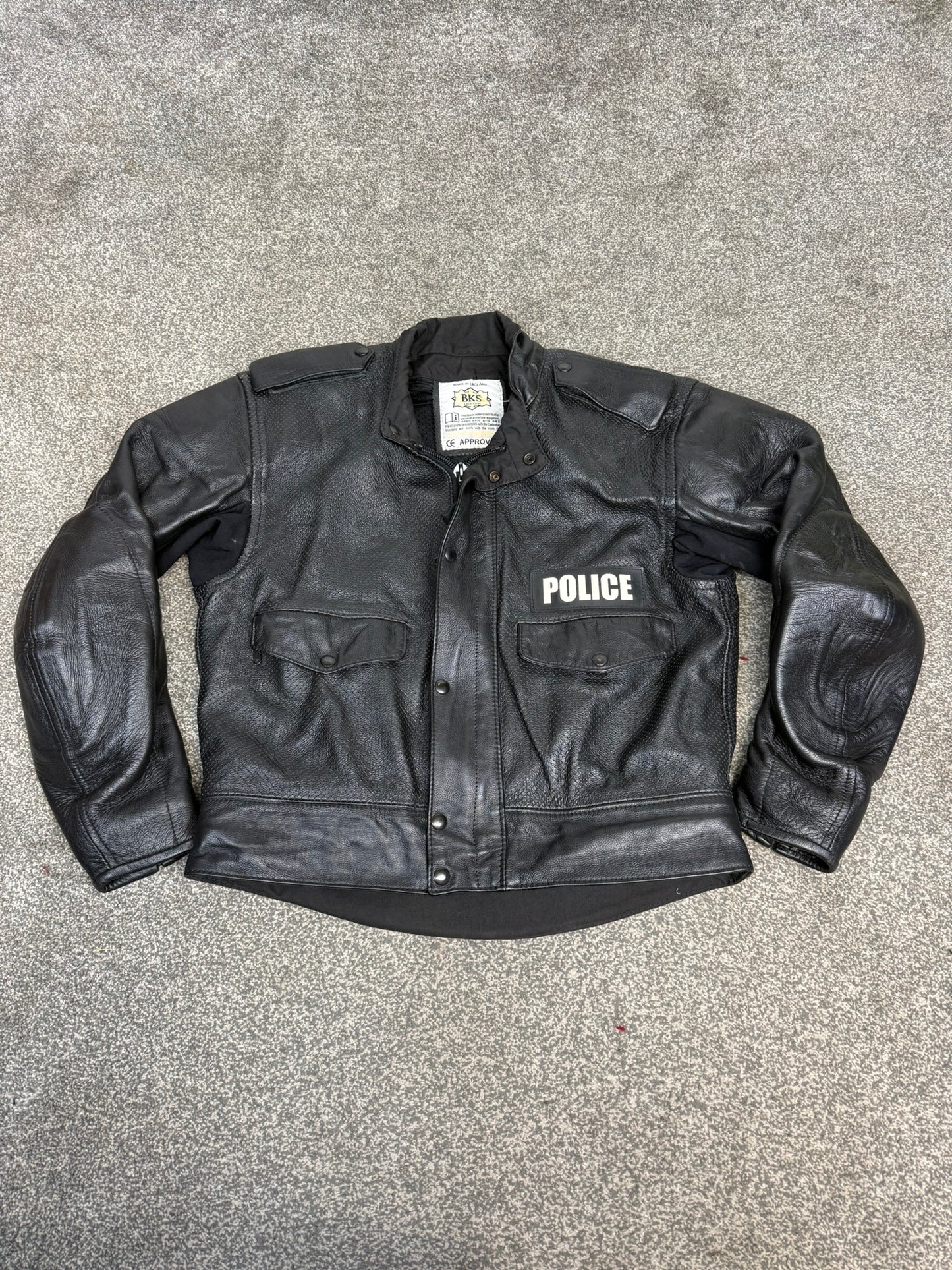 Ex Police BKS Motorbike Leathers 2 Piece Jacket & Trousers BADGED Collector TV Film Display