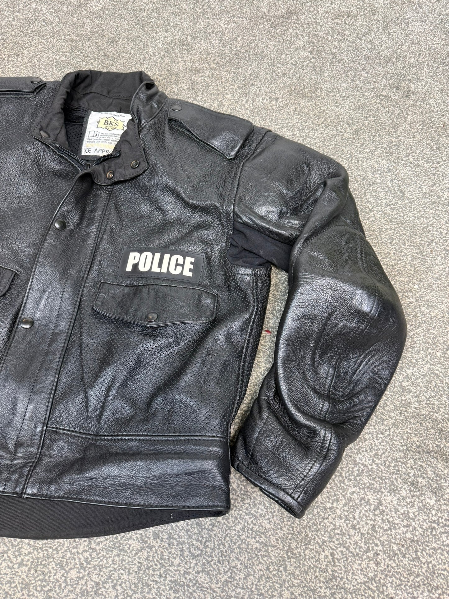 Ex Police BKS Motorbike Leathers 2 Piece Jacket & Trousers BADGED Collector TV Film Display