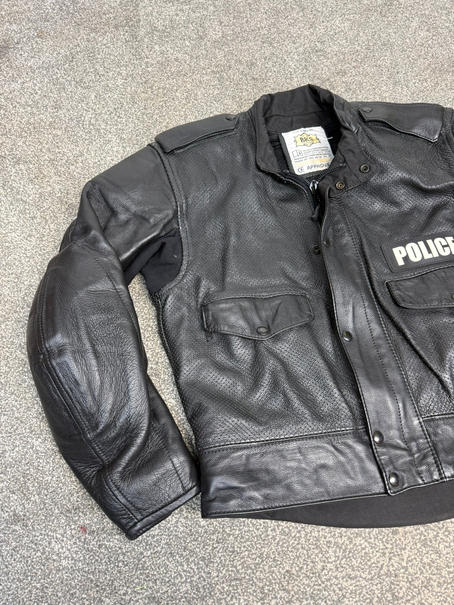 Ex Police BKS Motorbike Leathers 2 Piece Jacket & Trousers BADGED Collector TV Film Display