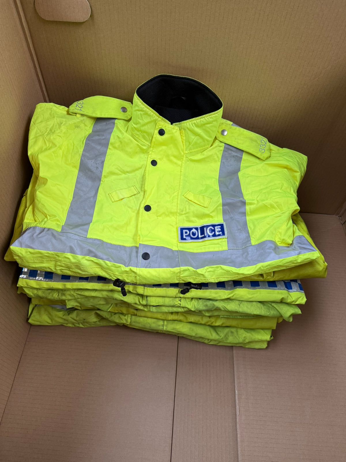 Ex Police Pallet Job Lot Bundle Grade B - Jackets Vests Hats Riot Guards Helmets Boots Fleeces & More!