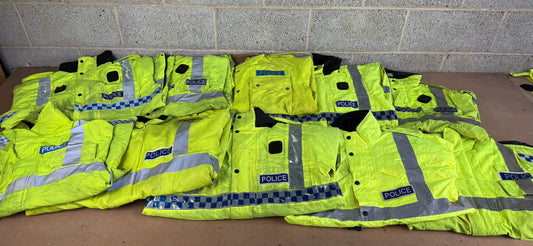 Ex Police Pallet Job Lot Bundle Grade B - Jackets Vests Hats Riot Guards Helmets Boots Fleeces & More!
