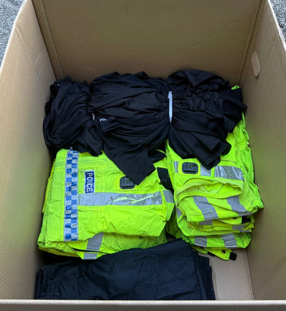 Ex Police Pallet Job Lot Bundle Grade B - Jackets Vests Hats Riot Guards Helmets Boots Fleeces & More!