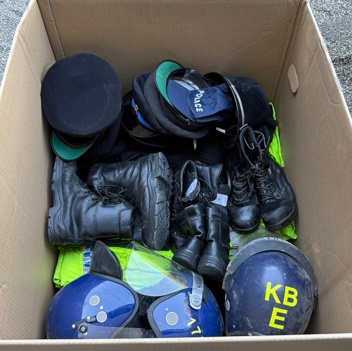 Ex Police Pallet Job Lot Bundle Grade B - Jackets Vests Hats Riot Guards Helmets Boots Fleeces & More!