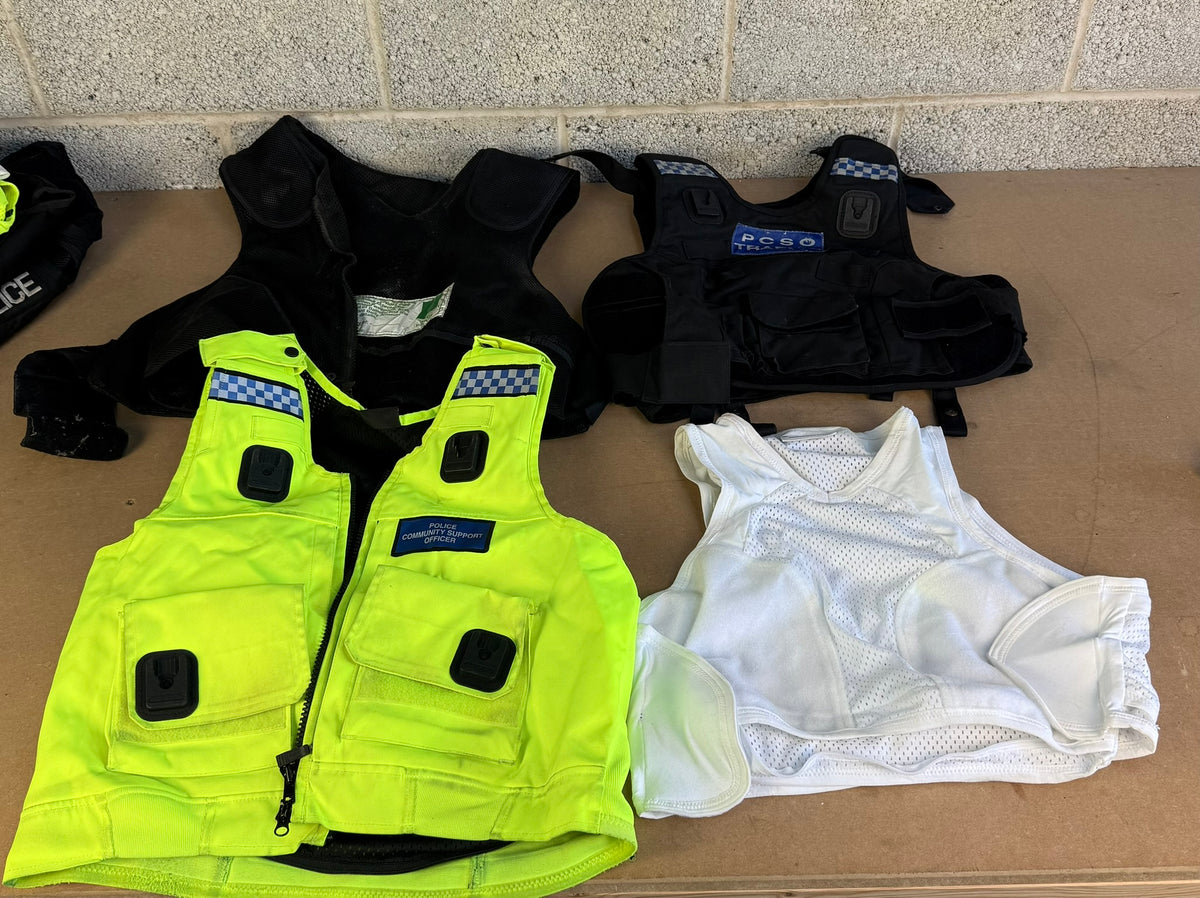 Ex Police Pallet Job Lot Bundle Grade B - Jackets Vests Hats Riot Guards Helmets Boots Fleeces & More!