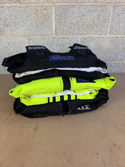 Ex Police Pallet Job Lot Bundle Grade B - Jackets Vests Hats Riot Guards Helmets Boots Fleeces & More!