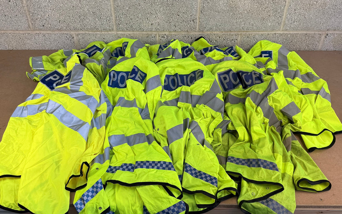 Ex Police Pallet Job Lot Bundle Grade B - Jackets Vests Hats Riot Guards Helmets Boots Fleeces & More!