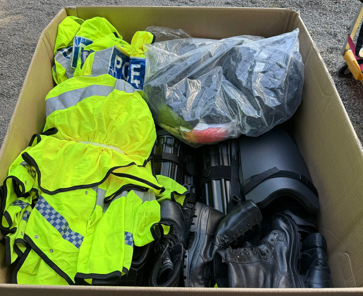 Ex Police Pallet Job Lot Bundle Grade B - Jackets Vests Hats Riot Guards Helmets Boots Fleeces & More!