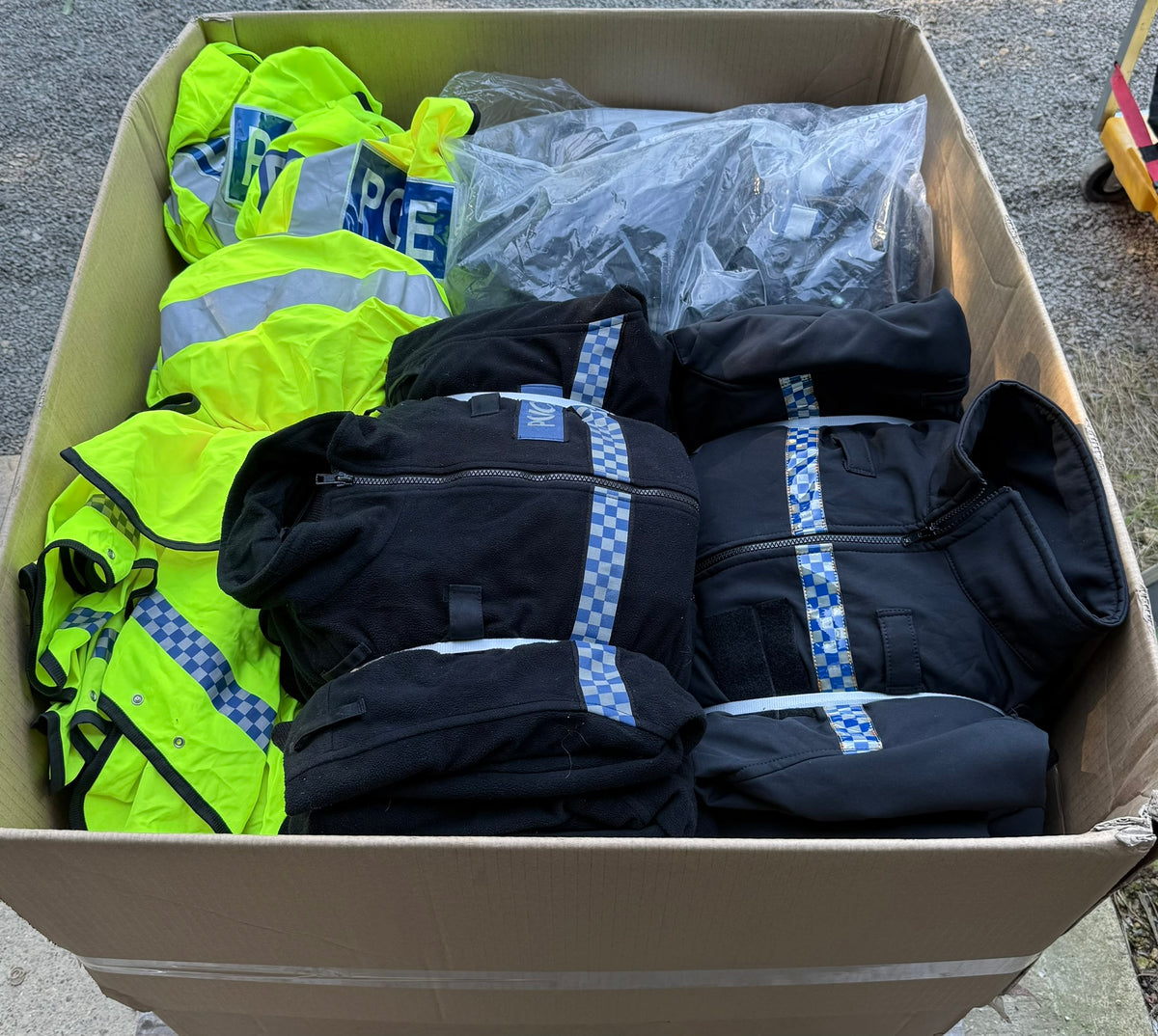 Ex Police Pallet Job Lot Bundle Grade B - Jackets Vests Hats Riot Guards Helmets Boots Fleeces & More!
