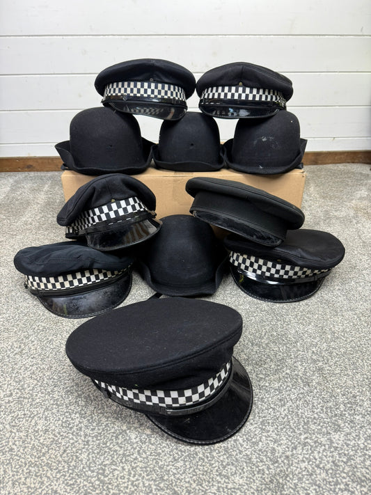 11x Ex Police Peak Cap Bowler Hat Job Lot Theatre Headwear Uniform Film Prop Lot