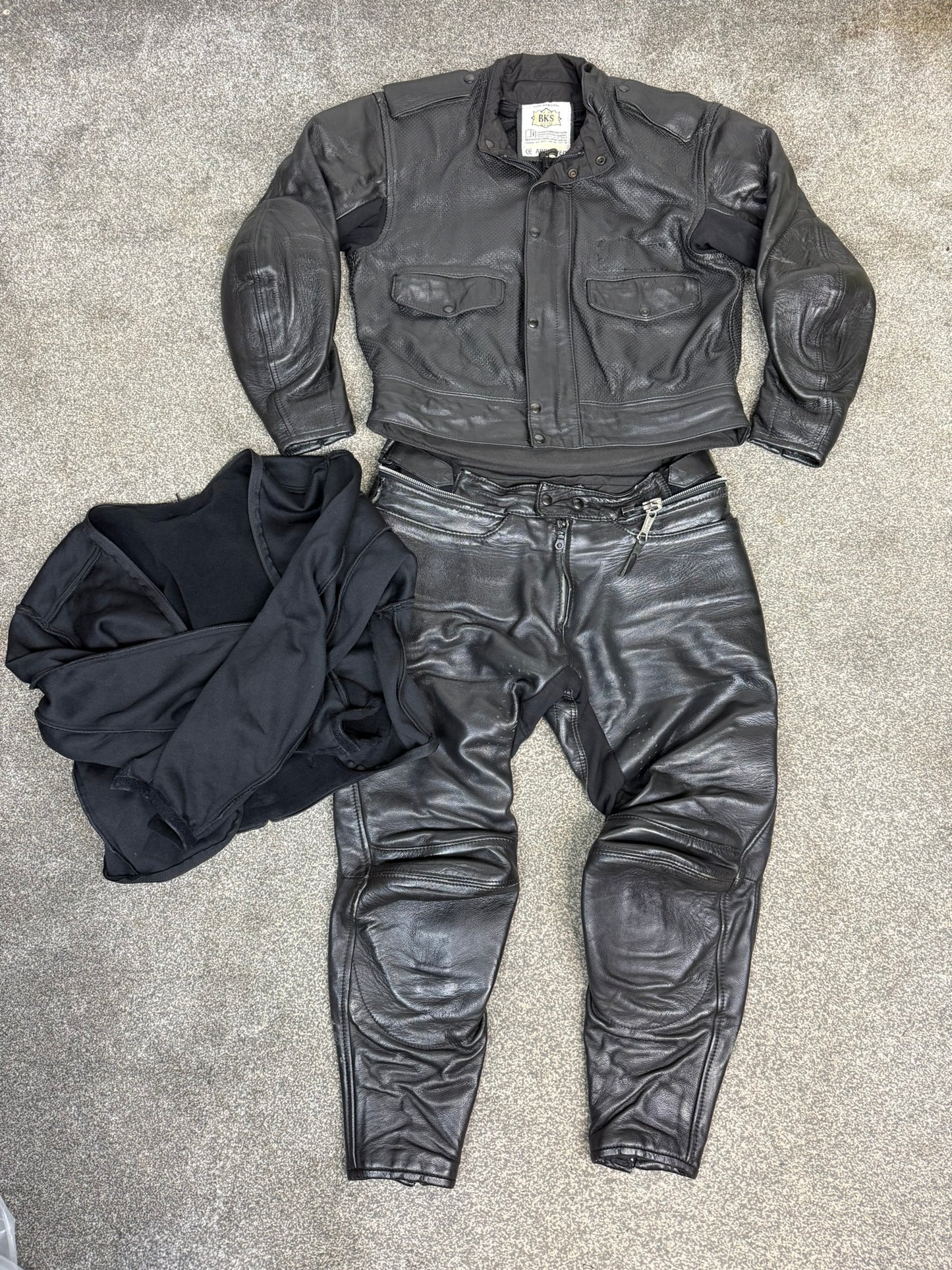 Ex Police BKS Motorbike Leathers 2 Piece Jacket & Trousers & Fleece Liner Bike Leathers