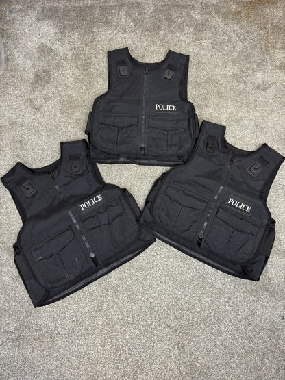 3x Ex Police Black Body Armour Covers Badged Job Lot Film TV Uniform Collector Display