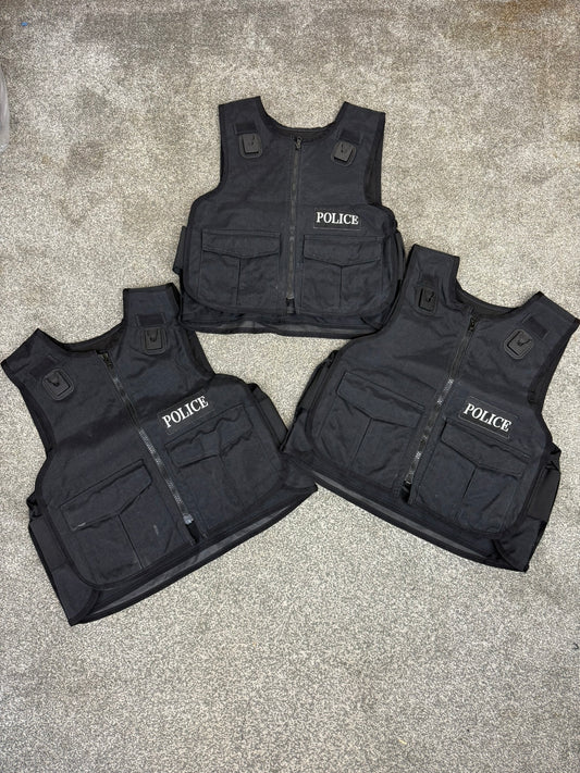 3x Ex Police Black Body Armour Covers Badged Job Lot Film TV Uniform Collector Display